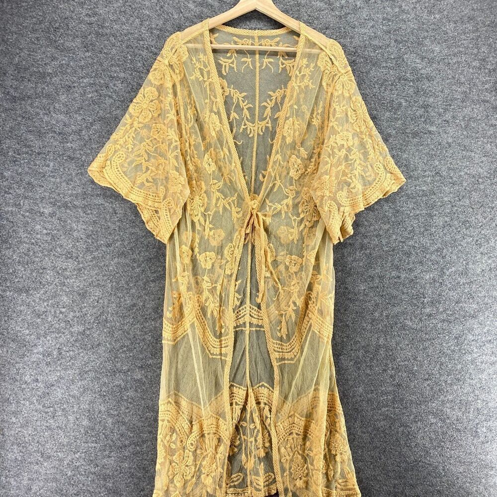 5/$45 Top Women One Size Beige Floral Embroidered Sheer Tie Up Cover Up - Picture 3 of 8